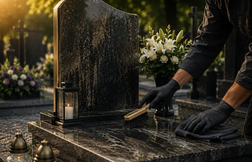 Detal kamiennych płyt nagrobka przeznaczonych do odświeżenia i renowacji